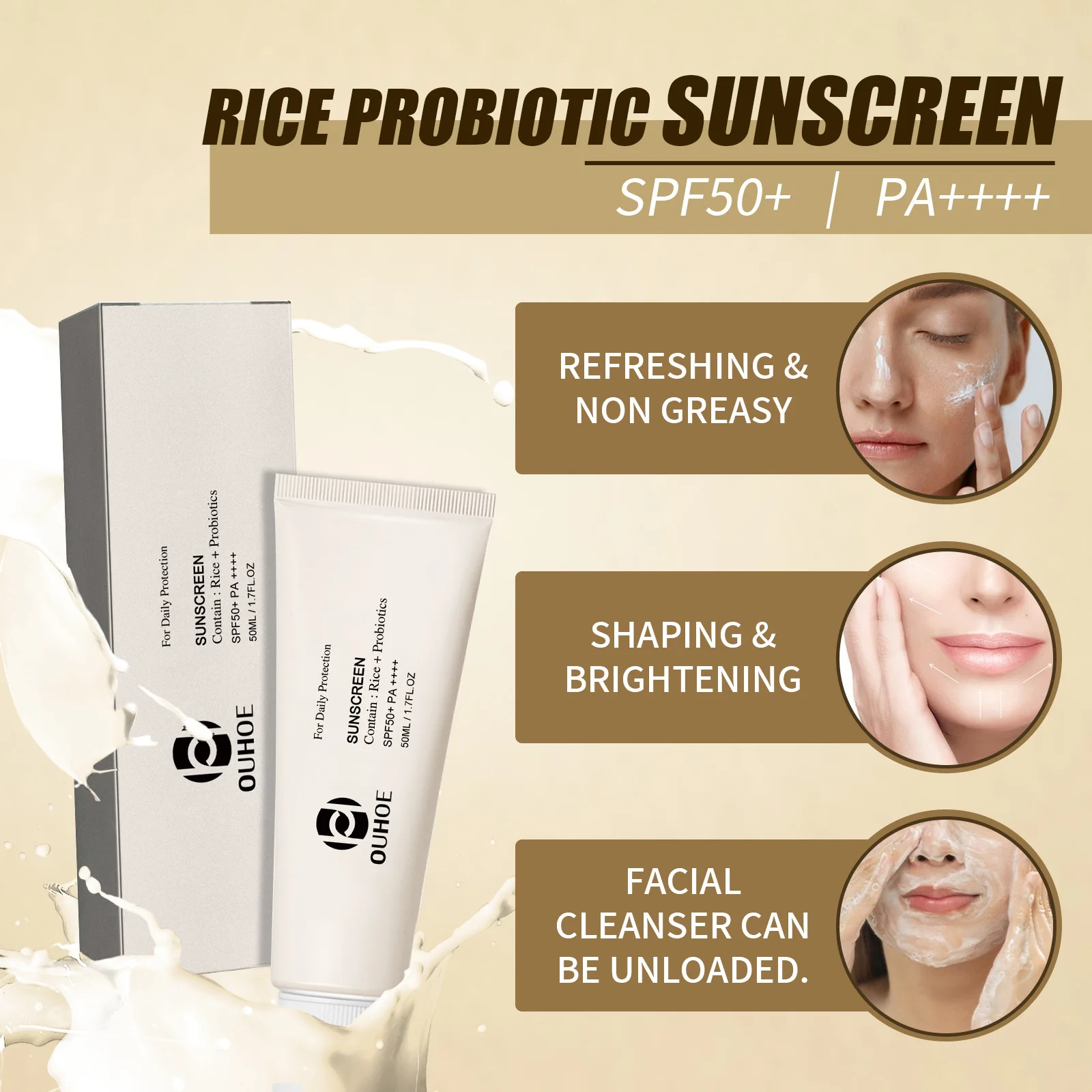 SPF50+ Sonnenschutz Koreanischer Reis Probiotischer Solarblocker Hautaufhellungscreme Anti UV Sonnenschutz Gesichtsmild Feuchtigkeitscreme Serum 50 ml