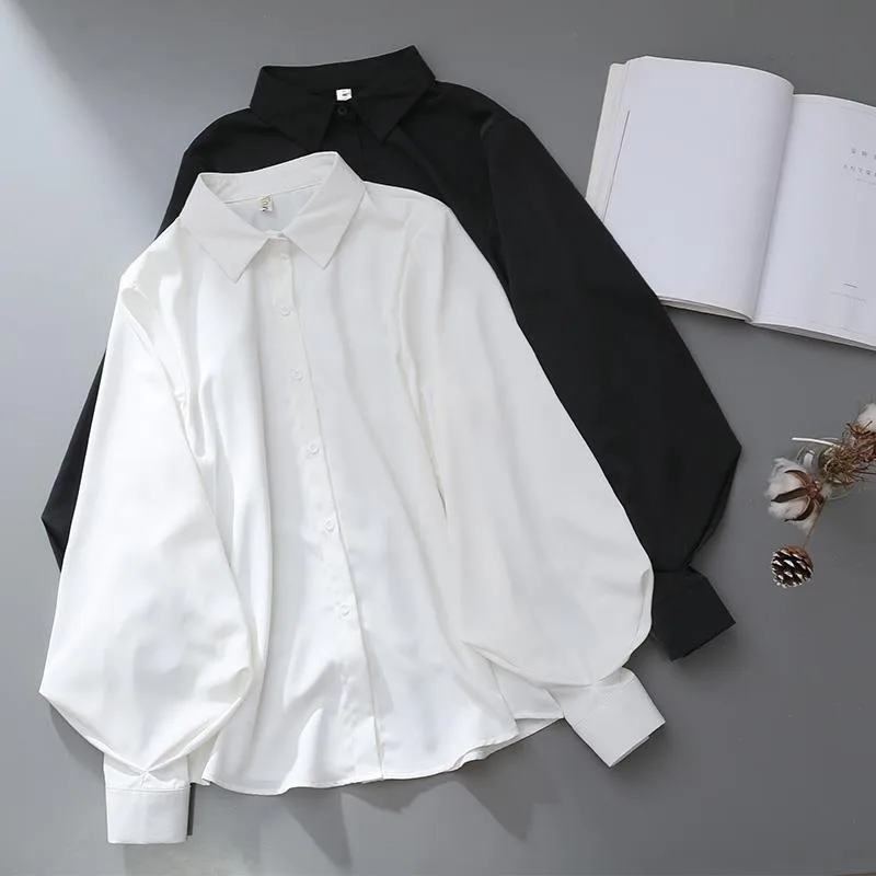 เสื้อผู้หญิงสีขาวสีดํายาวโคมไฟ Office Lady Temperament ฤดูใบไม้ร่วงฤดูหนาว Basic All-Match Design Chic หญิงใหม่