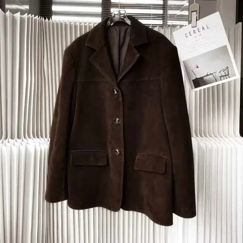 Retro dziecięca zamszowa kurtka dla kobiet High Sense luźna, ponadgabarytowa skórzana marynarka damska płaszcz na co dzień Streetwear jednorzędowa
