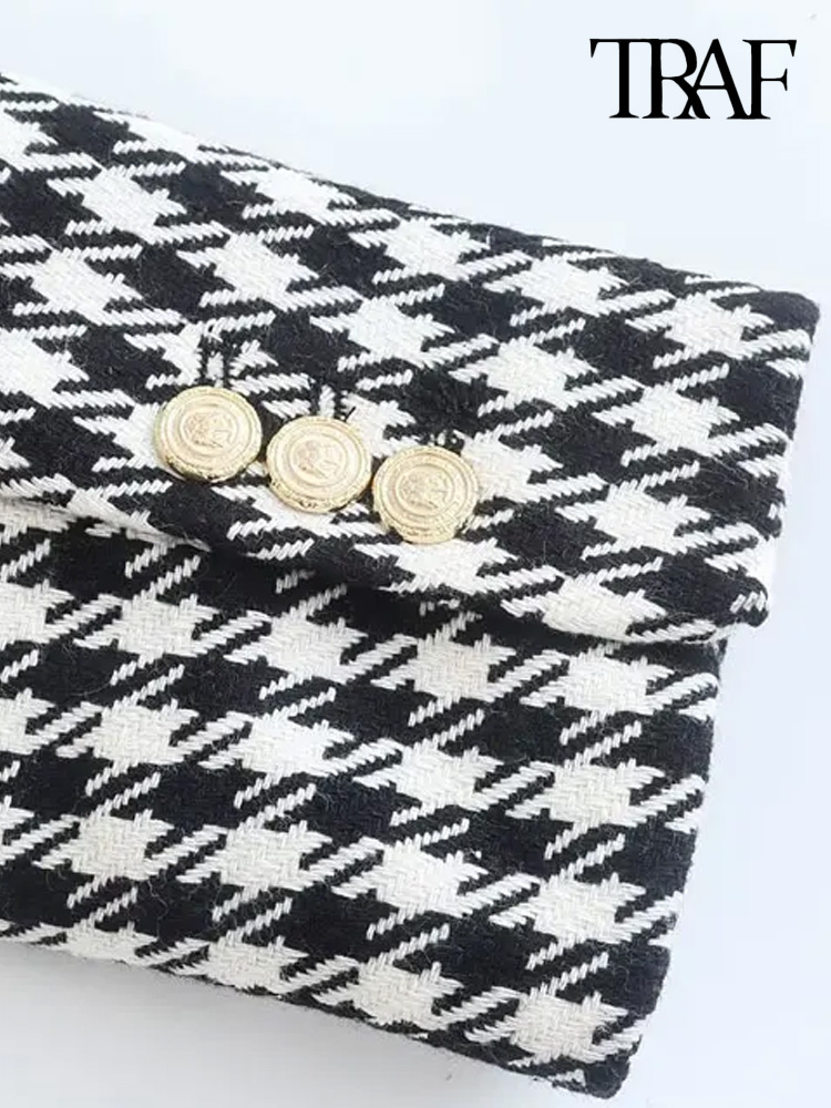 TRAF ผู้หญิงแฟชั่น Double Breasted Houndstooth Blazer Coat Vintage แขนยาวกระเป๋าหญิง Outerwear Chic Vestes