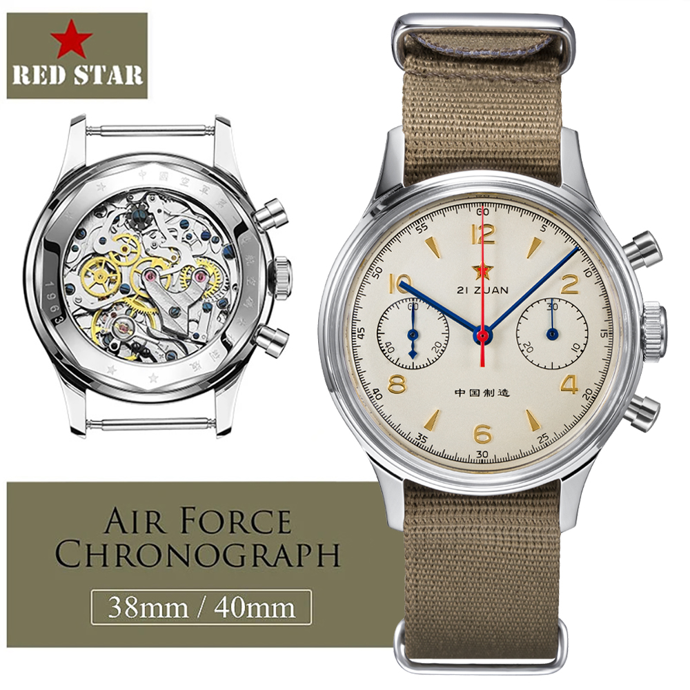 RODE STER 38 mm heren 1963 chronograaf mechanisch horloge piloot met meeuwbeweging ST1901 luchtmacht luchtvaart saffiergans 40 mm