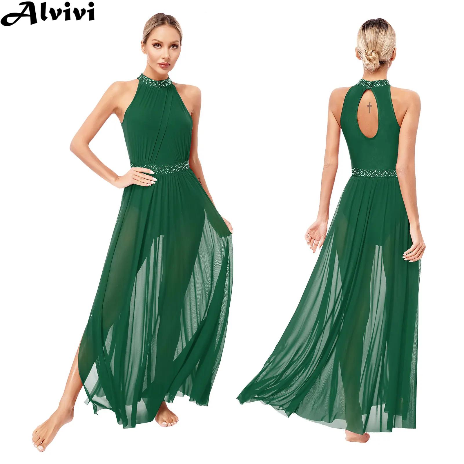 Traje feminino moderno para performance de dança lírica, sem mangas, strass, malha dividida, vestido collant para balé, ginástica, patinação
