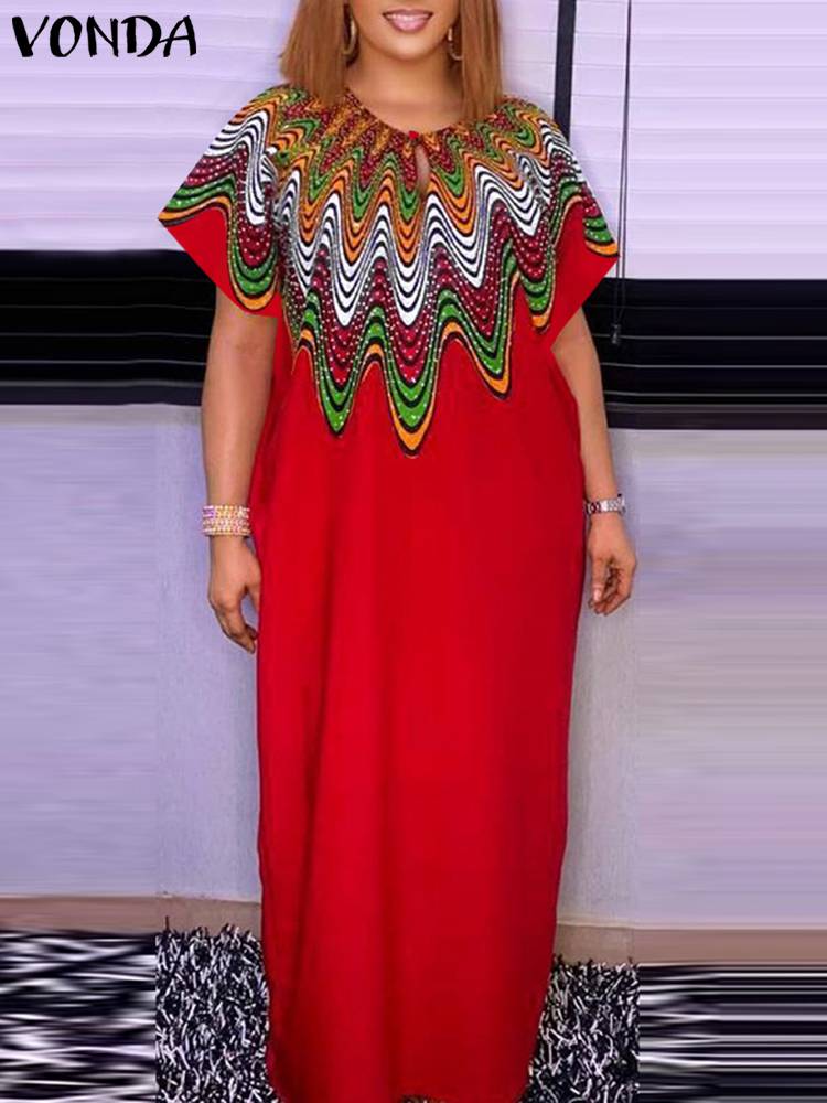 Vonda-女性用マキシロングドレス,ラージサイズ,ヴィンテージ,半袖,プリントパーティー,カジュアル,ルーズドレス,特大,夏
