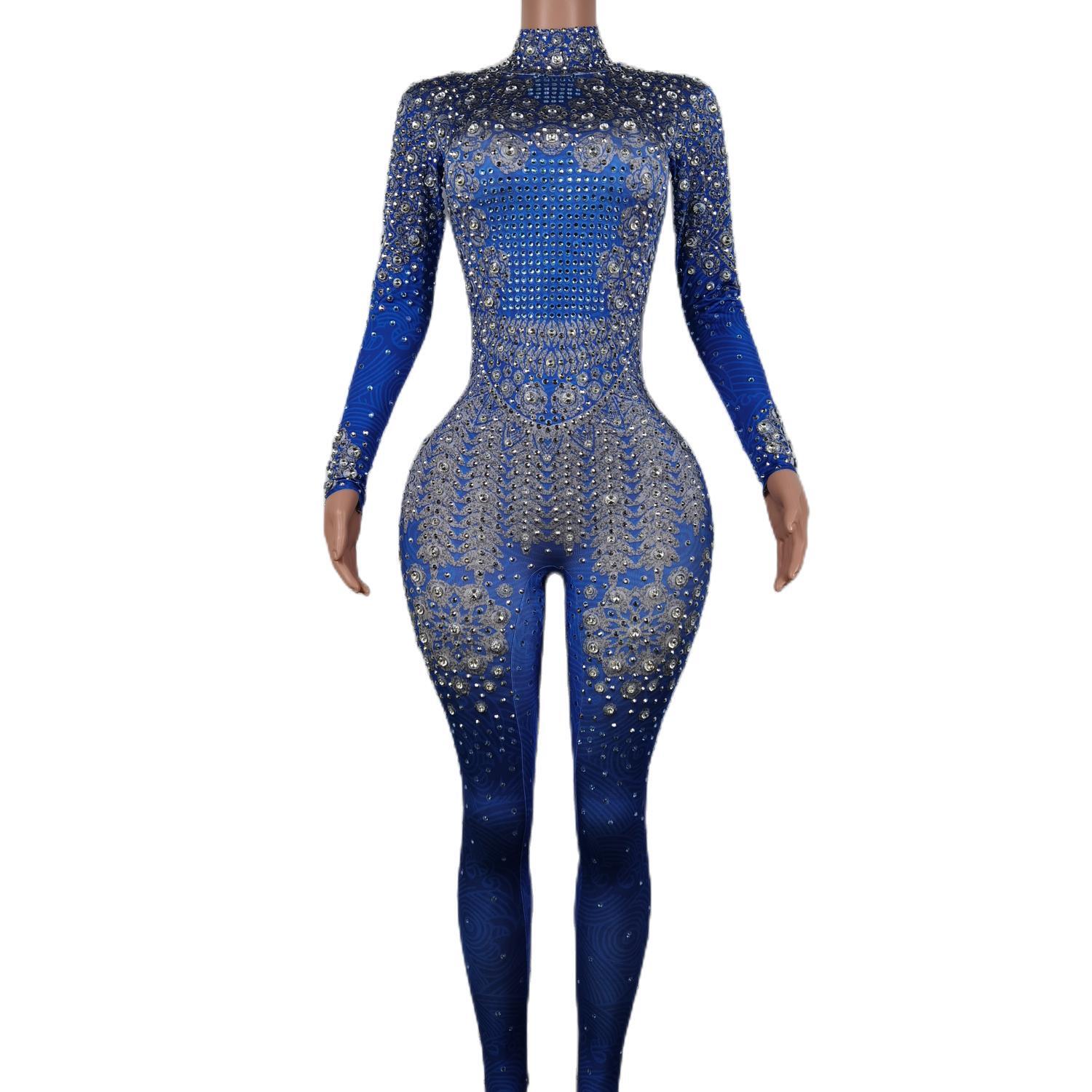 Sparkle Blue Rhinestones Jumpsuit Woman Stretch Leggings Singer Costume Birthday Party Club Stage Outfit Spandex Yatelandisi