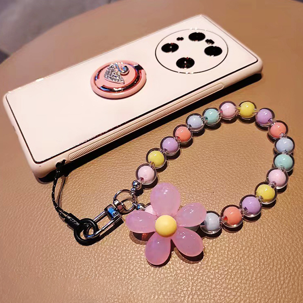 Lanière colorée avec nœud en forme de cœur, Bracelet perlé, fleur, papillon, breloque de téléphone portable, chaînes Anti-perte en acrylique