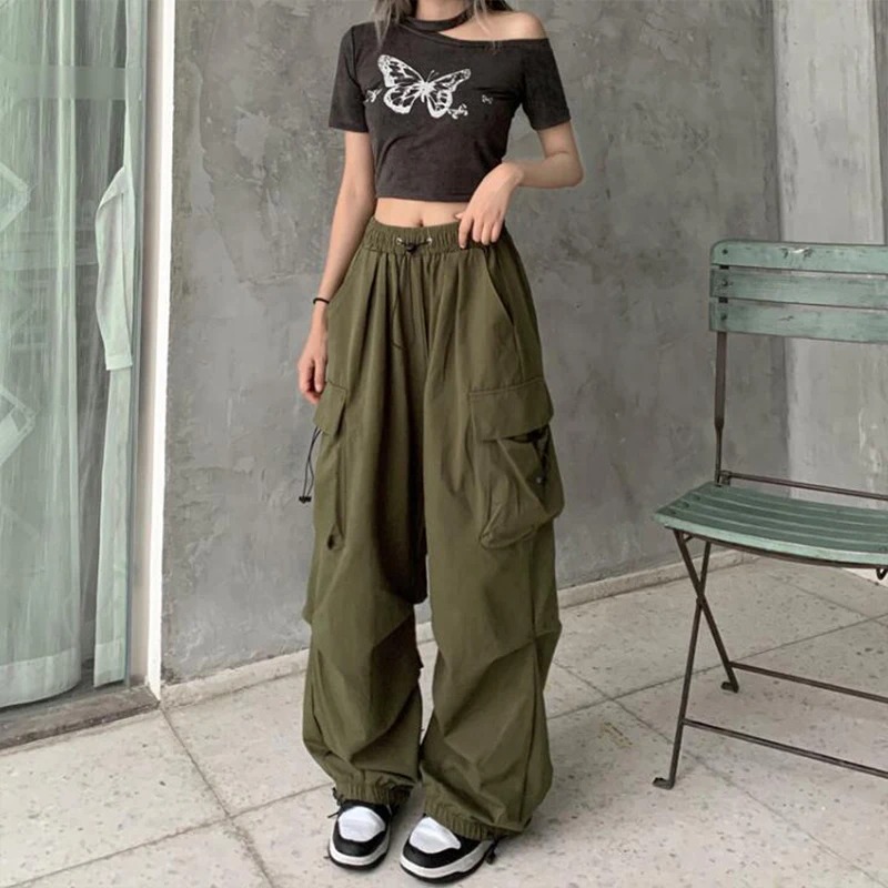 Dames Casual Joggers Tech Broek Effen Lage Taille Broek Trekkoord Wijde Pijpen Baggy Broek Y2k Streetwear Oversize Joggingbroek