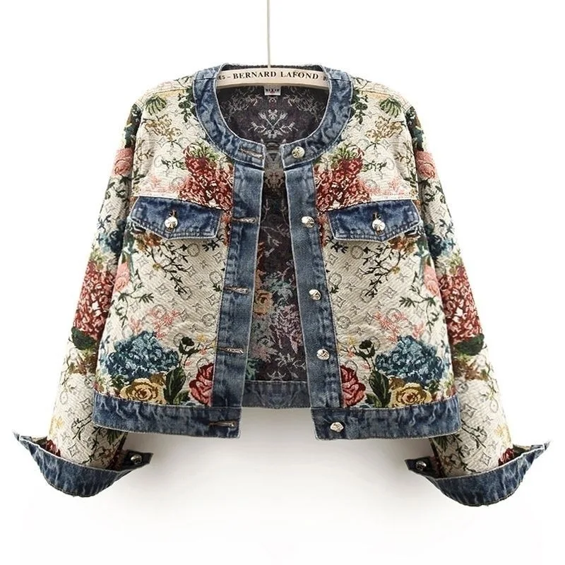 Chinês retro jacquard de manga comprida em torno do pescoço jaqueta jeans feminina primavera nova moda temperamento curto coringa jaqueta pequena.