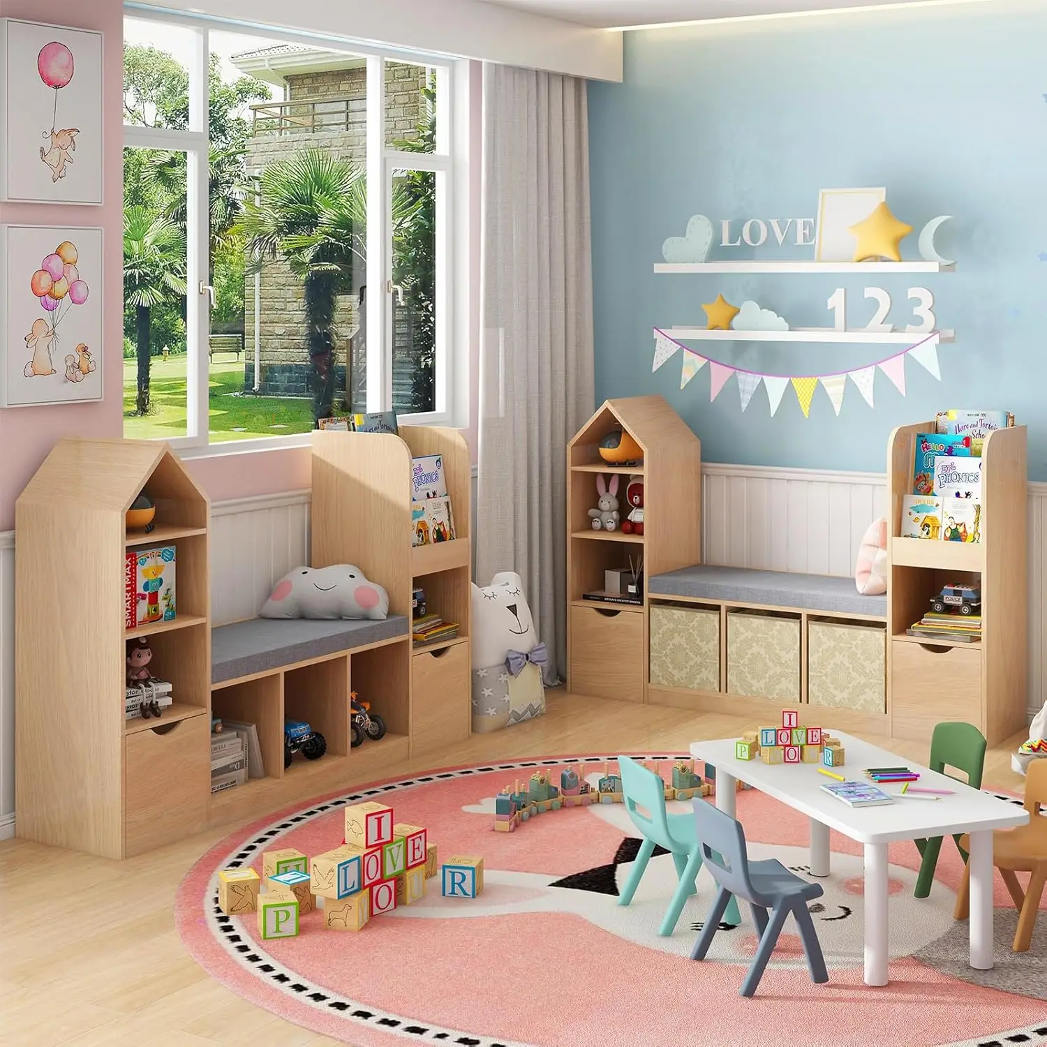 Kids Bookcase and Bookshelf with Reading Nook, Oak Bookcase with 7 Storage Cubbies 2 Movable Drawers, Bookcase with Seat