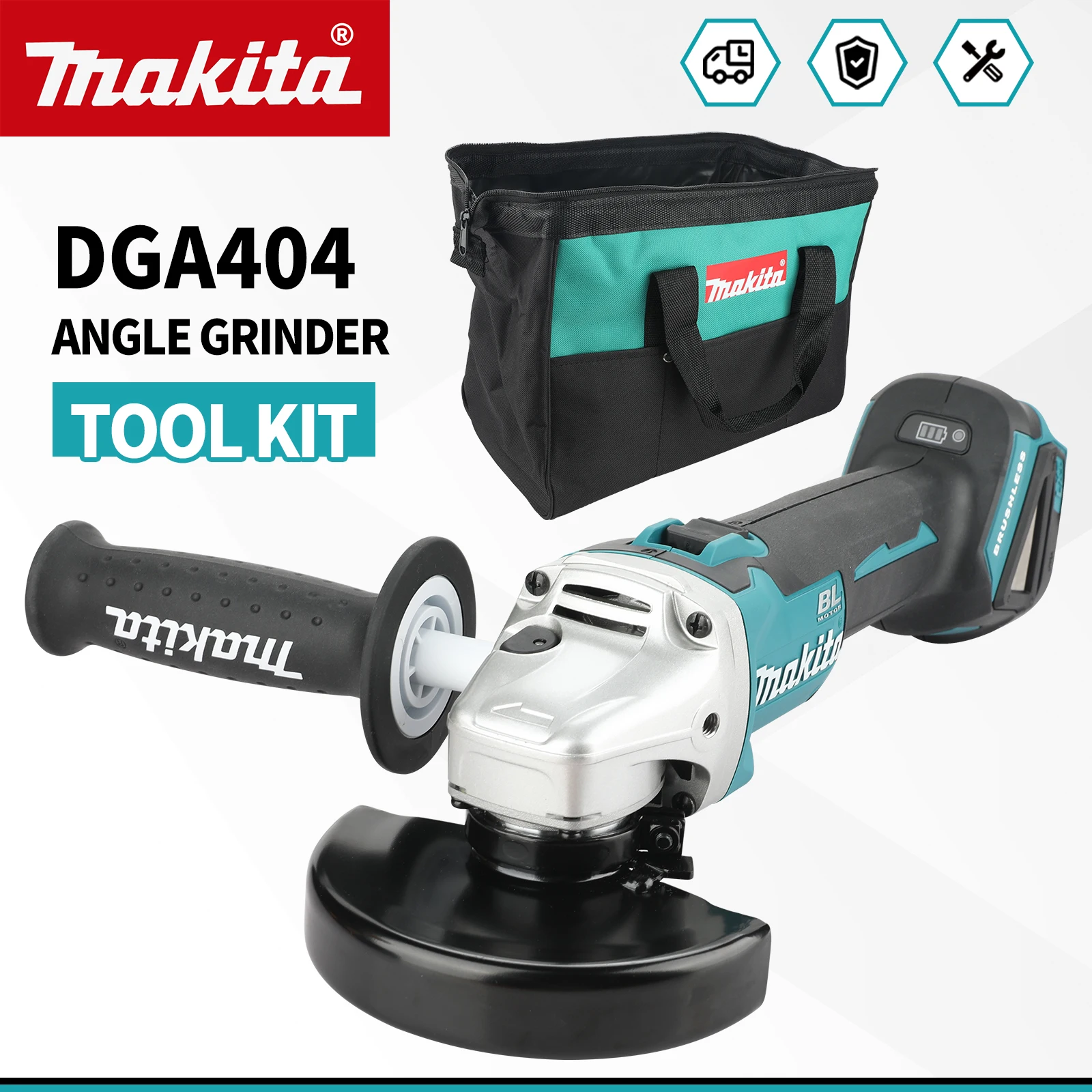 Makita DGA404 angle grinder tool kit, brushless motor, for metal processing, with ergonomic handle and portable transport bag