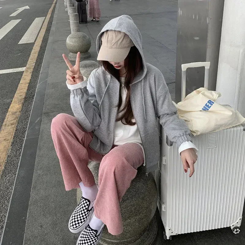 ฤดูใบไม้ผลิและฤดูใบไม้ร่วงสีชมพู Corduroy กางเกงผู้หญิงสบายๆขากว้างกางเกงหญิงสูงเอวตรงหลวม Super Hot Dropshipping