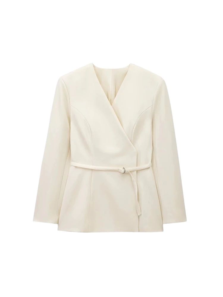 Chique blazerjas met V-hals en riem voor dames, mode-bovenkleding met lange mouwen en drukknopen