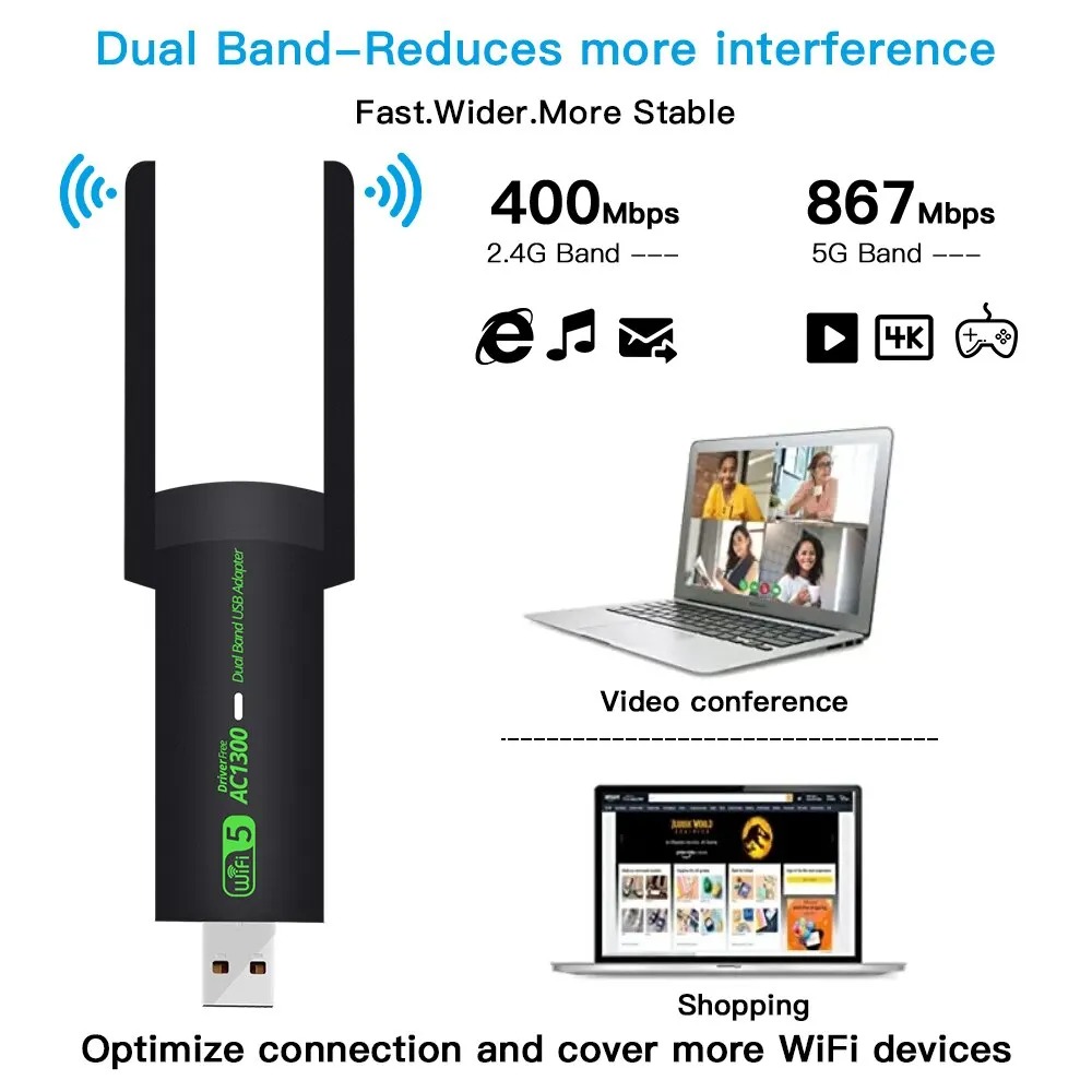 Adaptador WiFi USB 3,0, tarjeta de red de 1300Mbps, doble banda, 2,4G/5GHz, Bluetooth 4,2, transmisor receptor inalámbrico para ordenador portátil y de escritorio