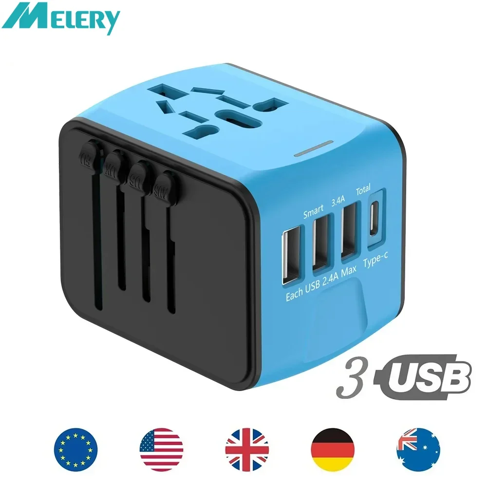 Adaptador de viaje Melery enchufe de alimentación Universal enchufes Reino Unido UE AU EE. UU. Cargador de pared internacional 3USB tipo C para adaptador mundial