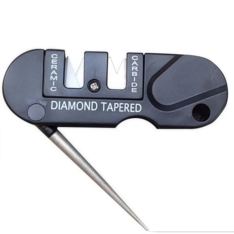 Affilacoltelli portatile 4 in 1 in carburo di ceramica di tungsteno, pietra per affilare, affilare l'amo da pesca, tasca, strumento diamantato, campeggio, escursione all'aperto