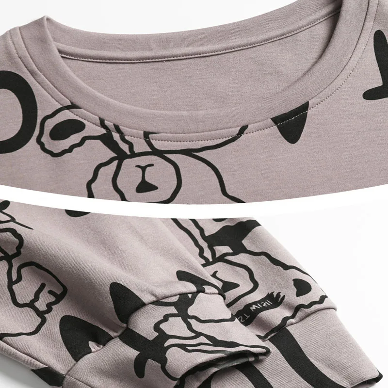 Zweiteiliger Herren-Pyjama in Übergröße, langärmelig, locker, atmungsaktiv, Cartoon-Bär, gestreift, Buchstaben, Schwarz, Rundhalsausschnitt, Loungewear-Set pj