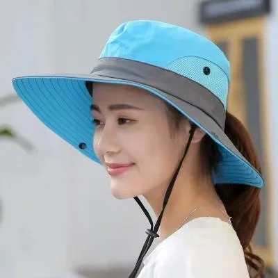 Gorro de pesca con cola de caballo de ala grande para exteriores para mujer con secado rápido y protección solar, perfecto para viajes en la playa y ciclismo
