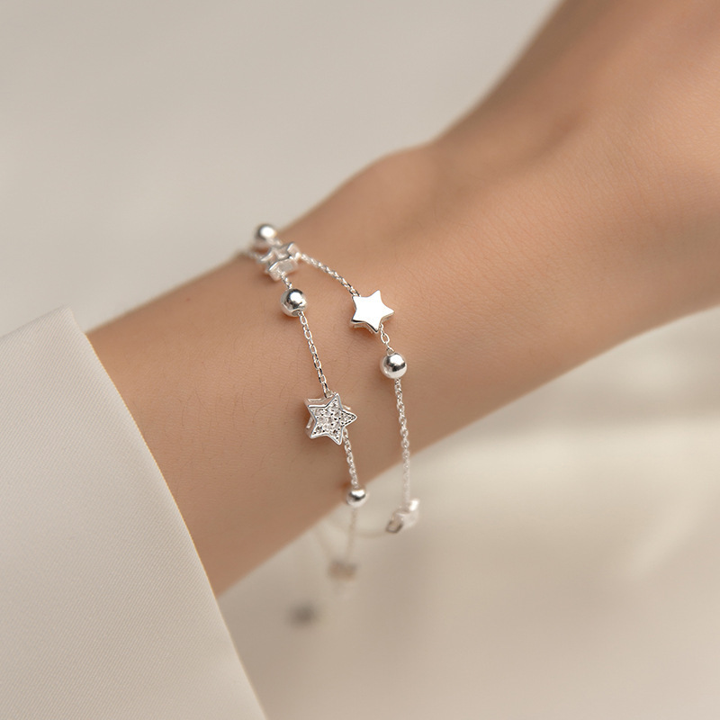 Ventfille 925 selo prata cor estrela pulseira moda coreano estrelas de cinco pontas cristal pulseira dupla dropshipping atacado