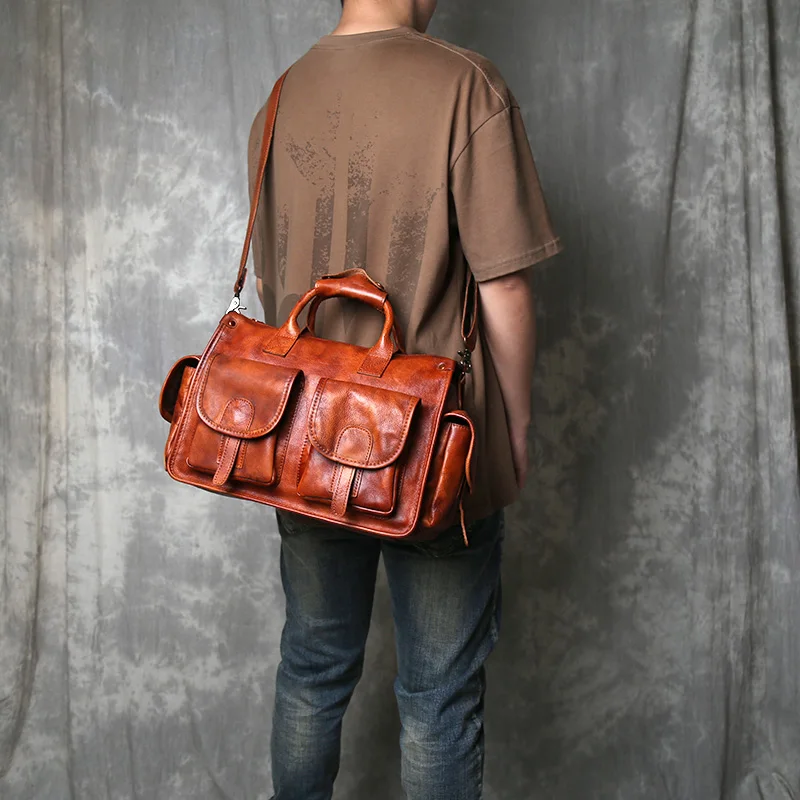 Valigetta in pelle di vacchetta con strato superiore Borsa a tracolla singola da uomo con tracolla Design orizzontale Borsa per computer conciata al vegetale a mano retrò