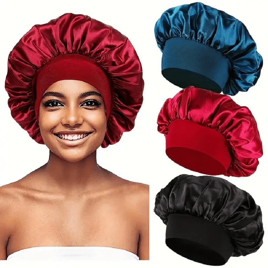 Gorros lisos de satén para mujer, gorro de baño para dormir de noche de ala ancha, gorro de banda elástica para la cabeza Unisex, gorro para el cuidado del cabello, 1 ud.
