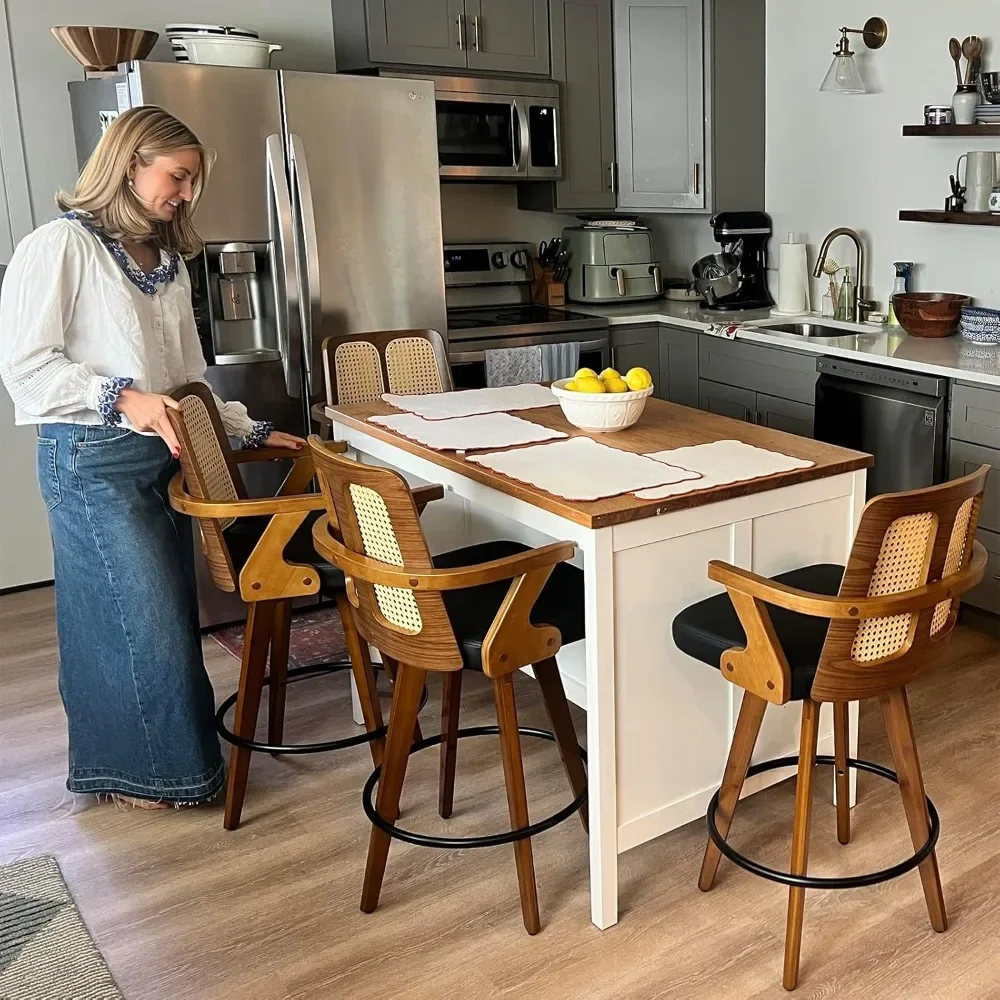 Set of 3 Mid Century Counter Stools - 27 inch Rattan Swivel Counter stools with Curved Back, Walnut Crafts, Upholstered Faux