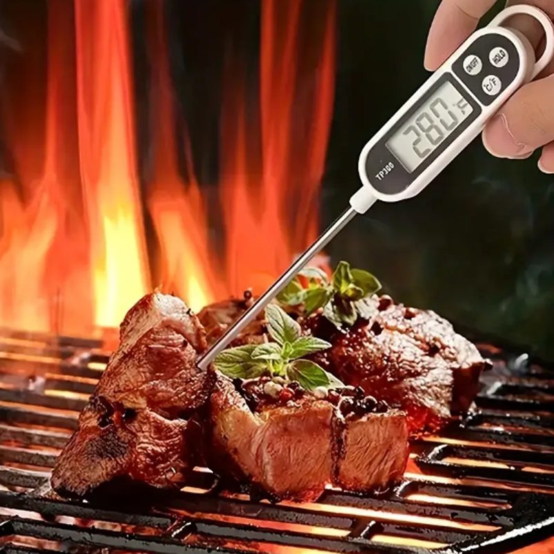 Termômetro Digital de Alimentos com Display LCD e Sonda, Termômetro Eletrônico de Cozinha, Leitura em Tempo Real, Carne e Bebidas