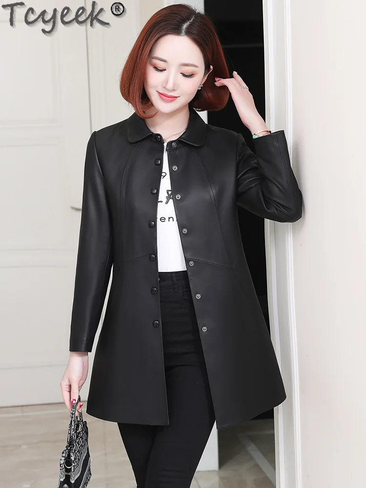 Tcyeek-女性用本革ジャケット,ミドル丈コート,シープスキンジャケット100% 枚,春秋服