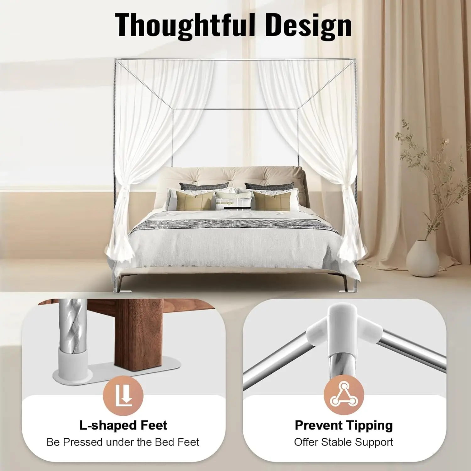4 Corner Bed Canopy Post Frame Mosquito Netting Bracket Post Stainless Steel, Bed Canopy Post 1.5x2x2m