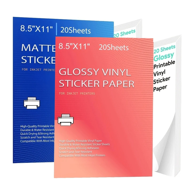 Carta adesiva in vinile stampabile per stampante laser a getto d'inchiostro Bianco lucido opaco 20 fogli autoadesivi Carta per decalcomanie impermeabile 8,5x11'