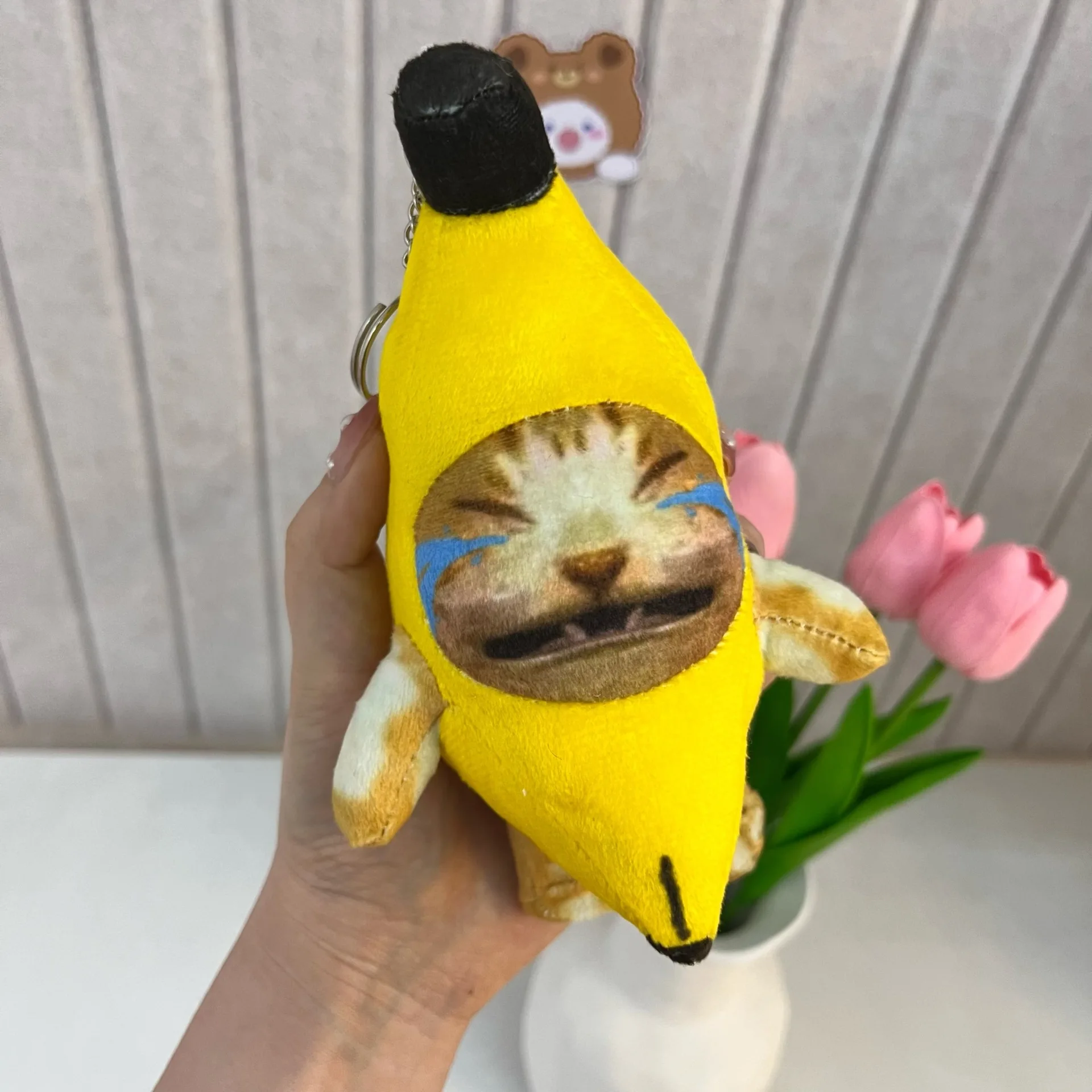 กล้วยแมวตุ๊กตาจี้พวงกุญแจร้องไห้ Happy Banana Cat ตุ๊กตาจี้เสียงของเล่นกระเป๋ารถตลกจี้ Keyring ของขวัญเด็ก