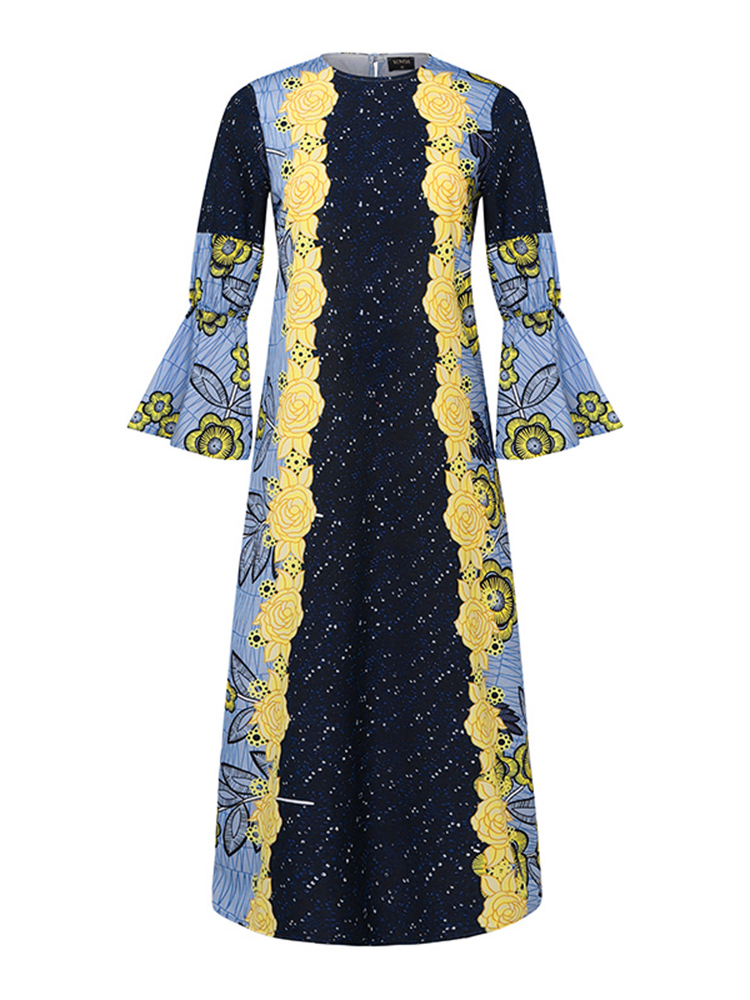 Vonda-ボヘミアンフレア長袖マキシドレス,カジュアルドレス,ルーズプリント,ラウンドネック,フリル,ラージサイズ