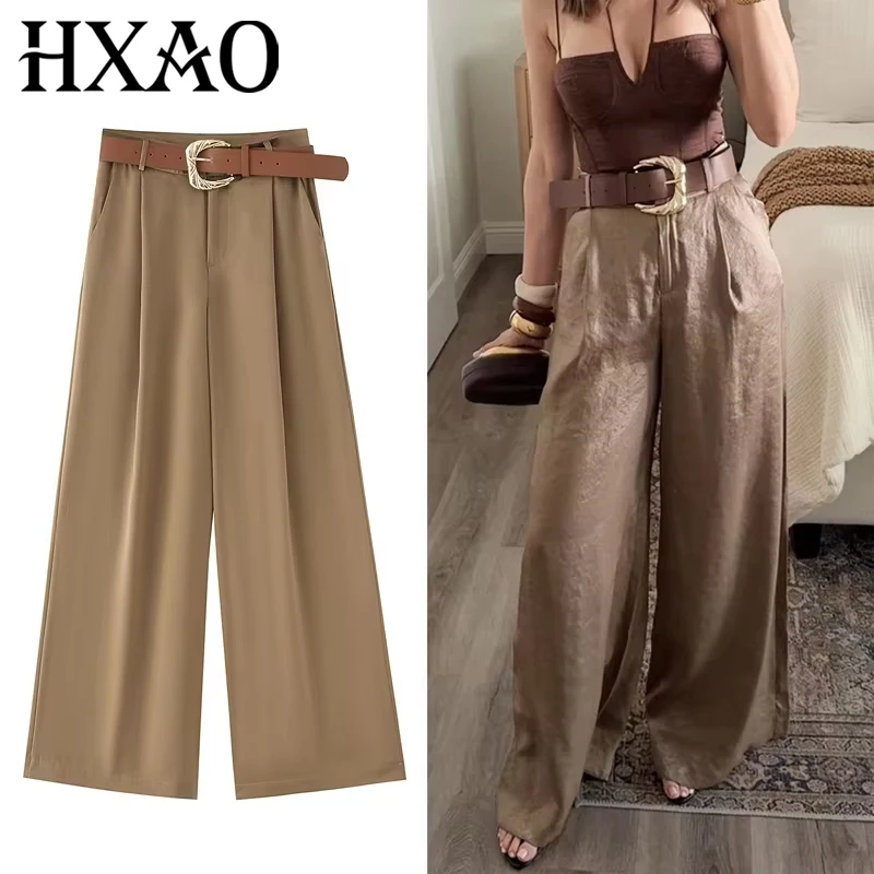 Hxao calças femininas de cintura alta, pernas largas com cinto, calças compridas de cetim, bolsos, calças largas casuais, verão, elegantes, calças femininas