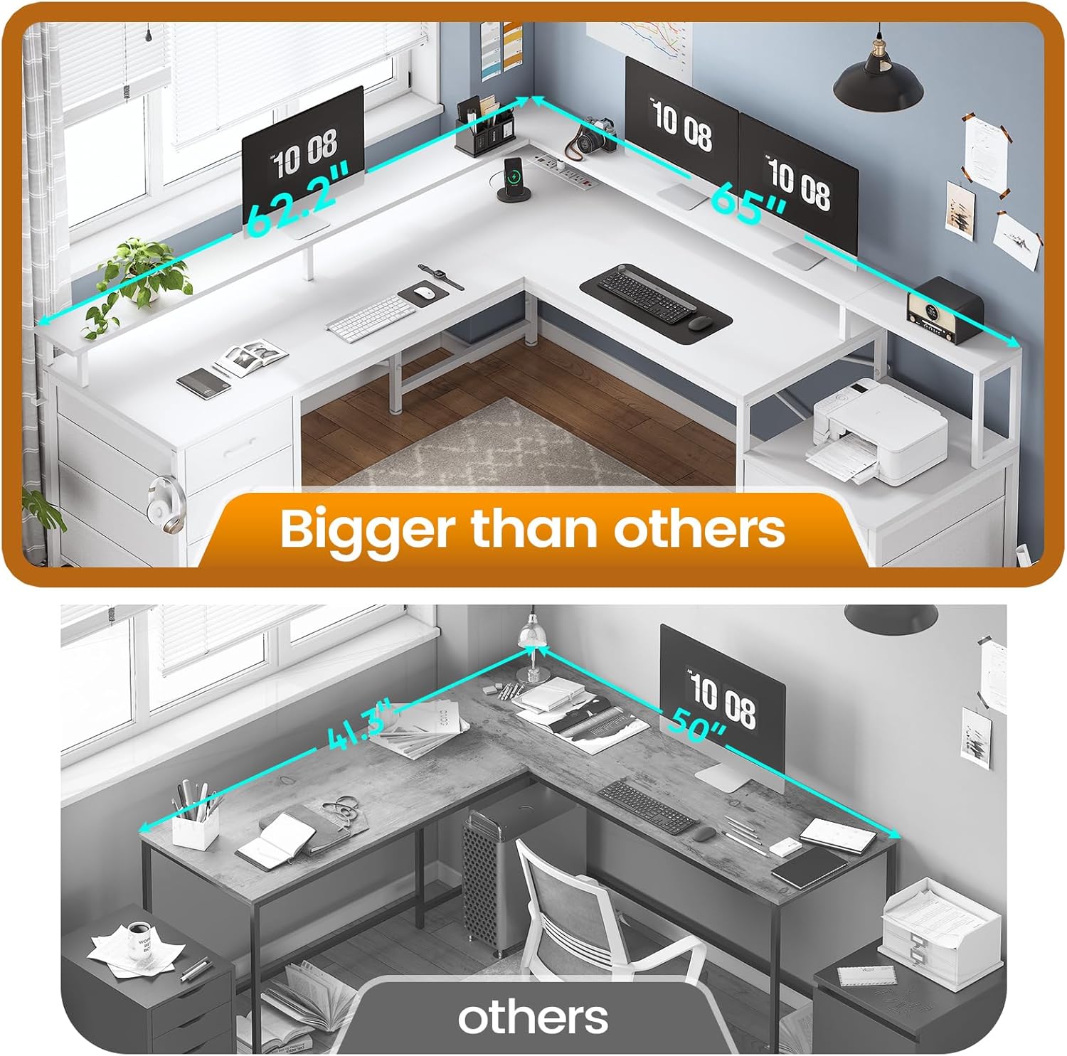 L Shaped Desk with 6 Drawer, 108" Home Office Desk with File Drawer & Power Outlet, Corner Computer Desk with Monitor Shelf