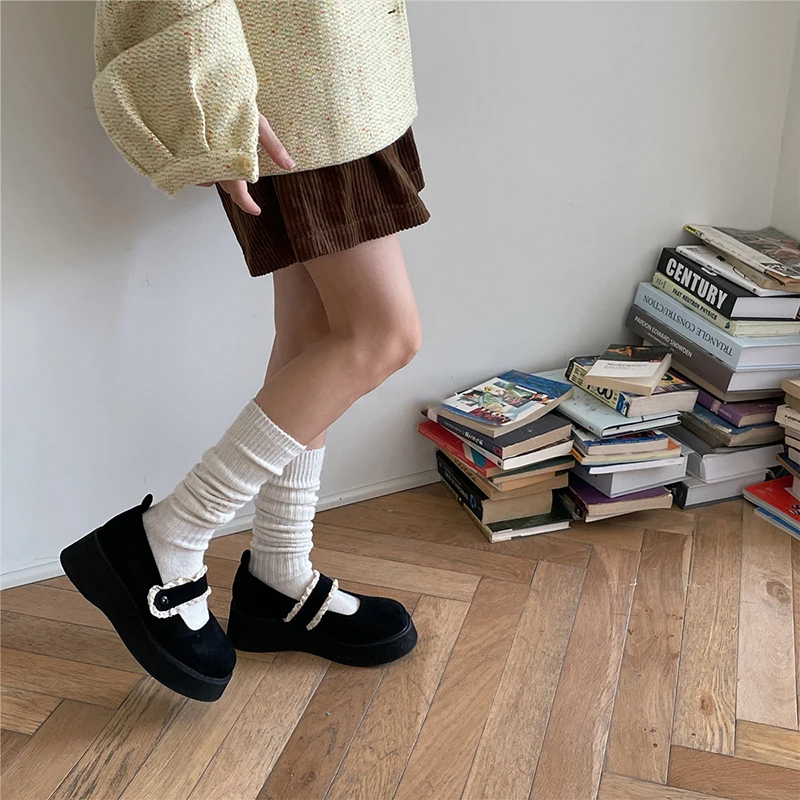 Calcetines calientes Calcetines de piso Calcetines de becerro de lana para mujer, medias apiladas gruesas de color café, calcetines japoneses hasta la rodilla, calcetines de doble aguja para Otoño e Invierno