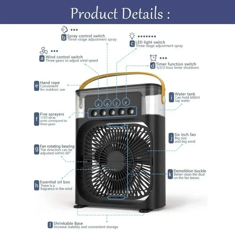 Tragbare 3 In 1 Fan Air Conditioner Haushalt Kleine Luftkühler LED Nacht Lichter Luftbefeuchter Luft Einstellung Hause Fans Dropshipping