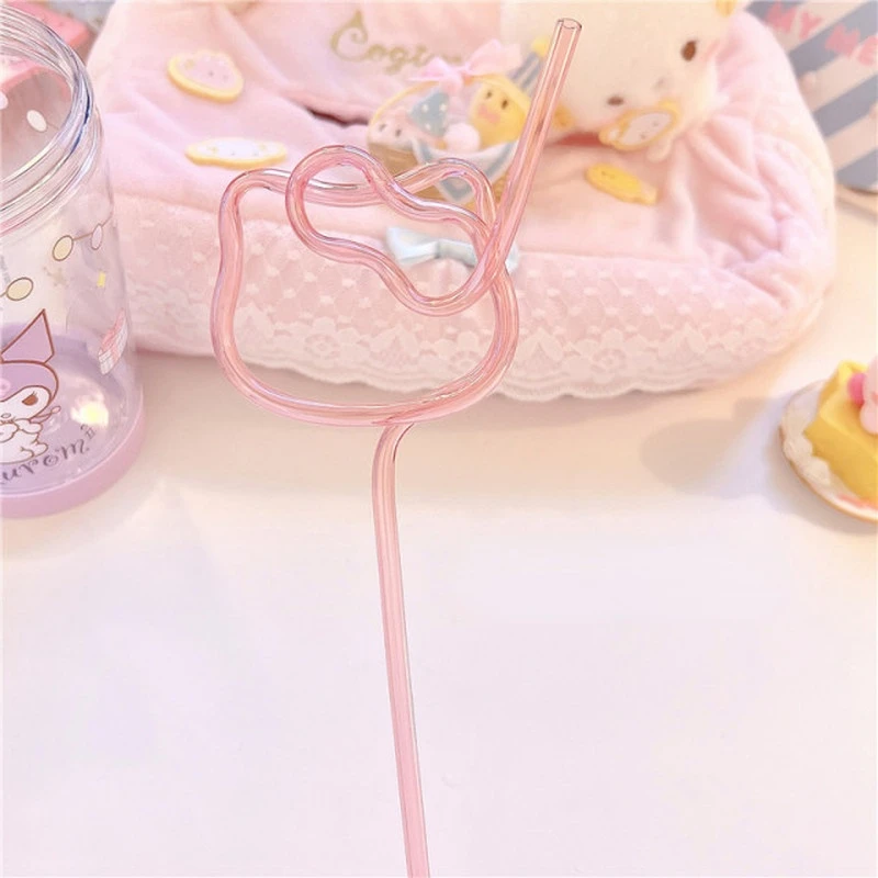Hello Kitty ดื่มฟางอะนิเมะตุ๊กตาแมว Kt รูปร่างฟางการ์ตูนที่ใช้ซ้ำได้สีฟางท่อเครื่องดื่มน้ำผลไม้นมฟางของขวัญ