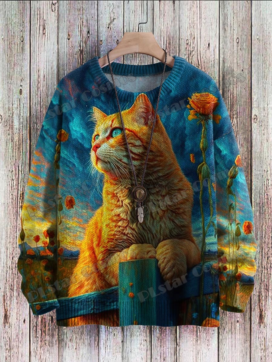 メンズレトロブラックキャットアイズアート柄ニットプルオーバー、ユニセックスカジュアルニットセーター、3Dプリントクルーネック、冬、zzm46