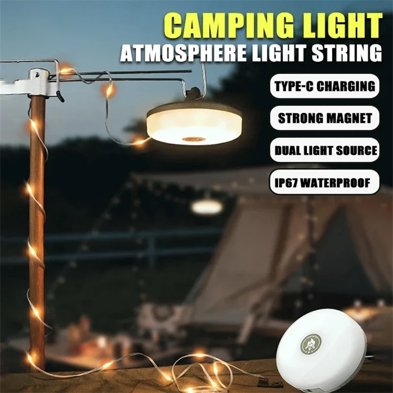 ไฟพลังงานแสงอาทิตย์กลางแจ้ง Camping Light 10 เมตร String Light เต็นท์กลางแจ้ง RGB บรรยากาศไฟฉาย LED พร้อมตะขอ ﻿