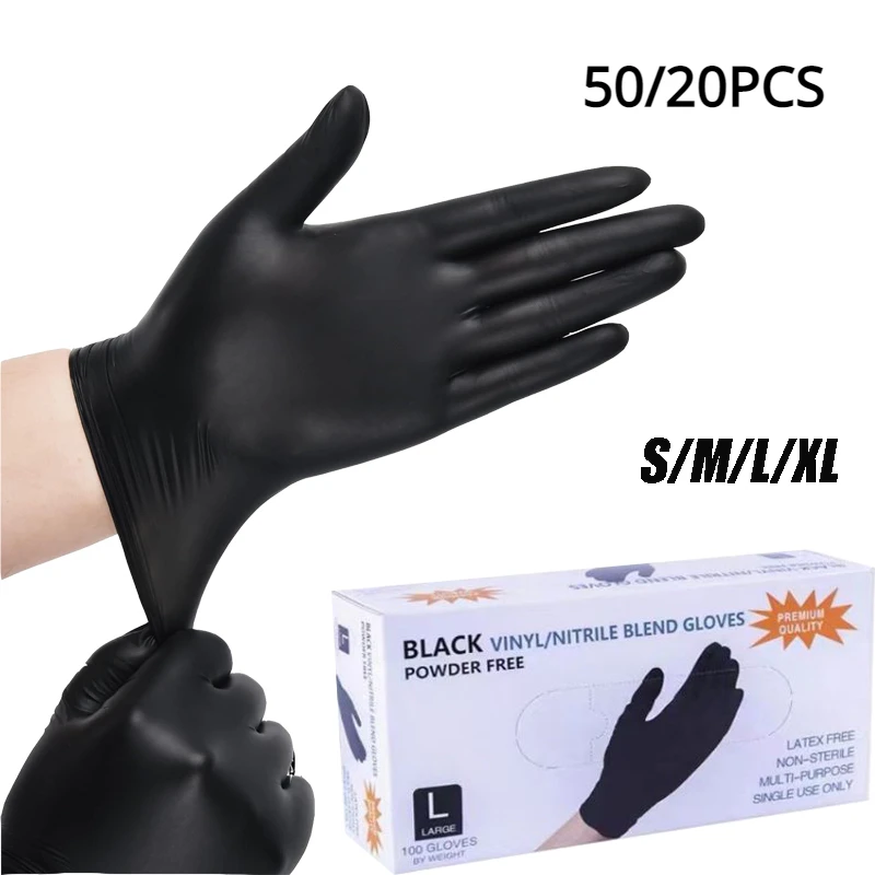 Guantes desechables de nitrilo negro, 50/20 piezas, sin látex, impermeables, duraderos, adecuados para cocina, procesamiento de alimentos, salón de belleza, familia