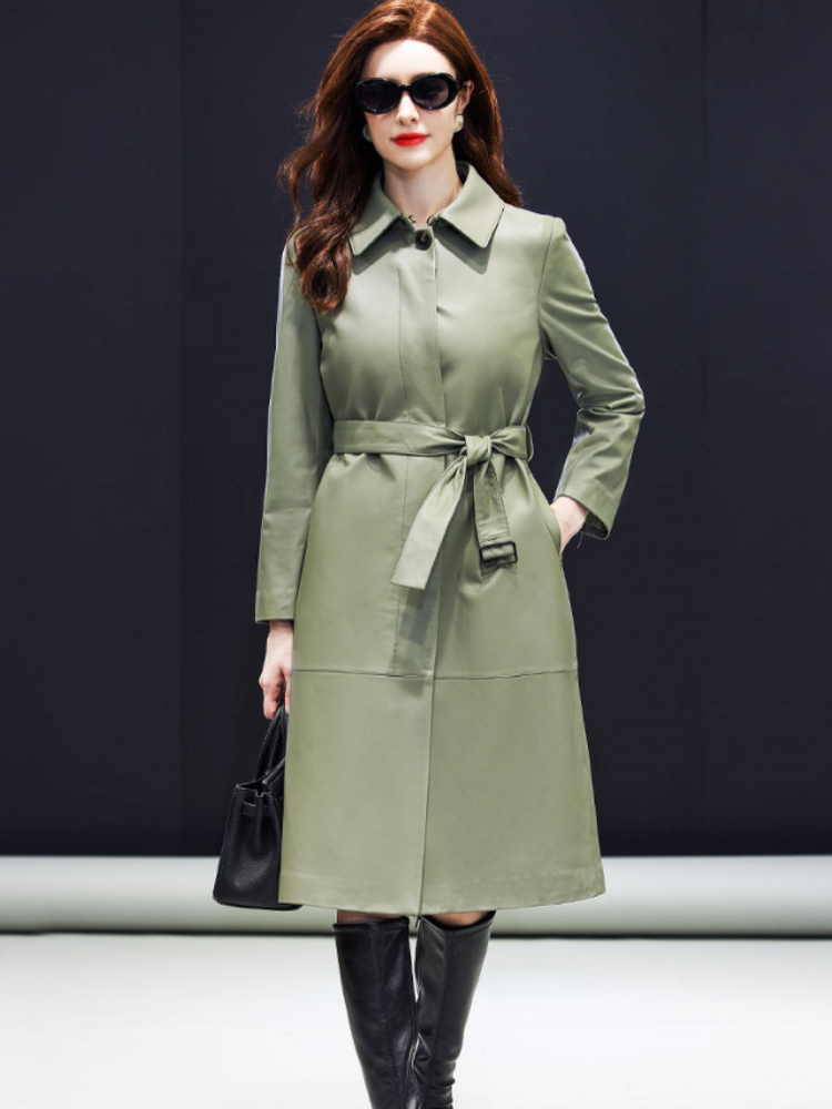 Top Quality Women Sheepskin Long Windbreaker Trench Coat Single Breasted Belted Elegant Office Lady Work Genuine Leather Jacket