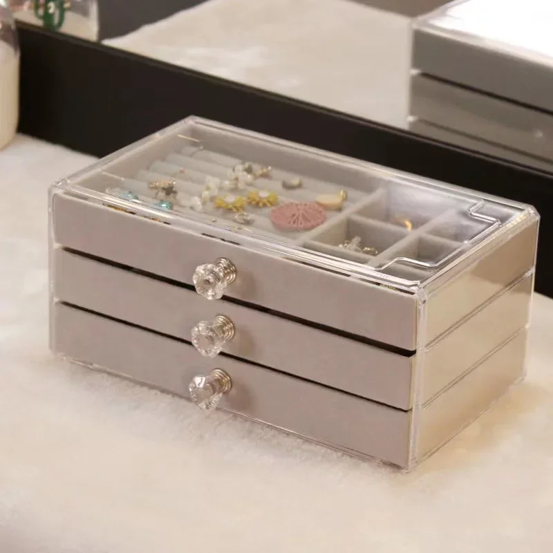 กํามะหยี่อะคริลิคเครื่องประดับ 3 ลิ้นชัก STACKABLE จัดเก็บต่างหูสร้อยคอสร้อยข้อมือกล่องสําหรับสตรี