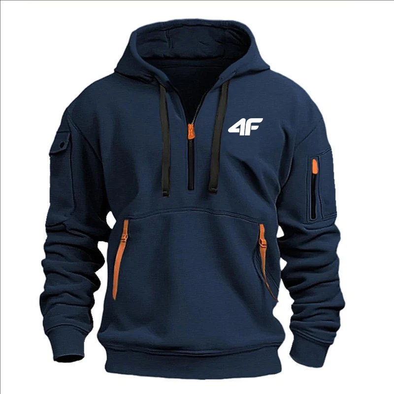 2025 Men's hooded sweater casual sports jumper vintage Harajuku long sleeve zipper multi-pocket casual loose coat Street