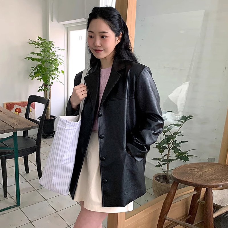 Chic Autumnal Loose Fit Tailored Lapel Single Button Pure Color PU Leather Jacket Women's Fashion Commute Sle Long Sleeve
