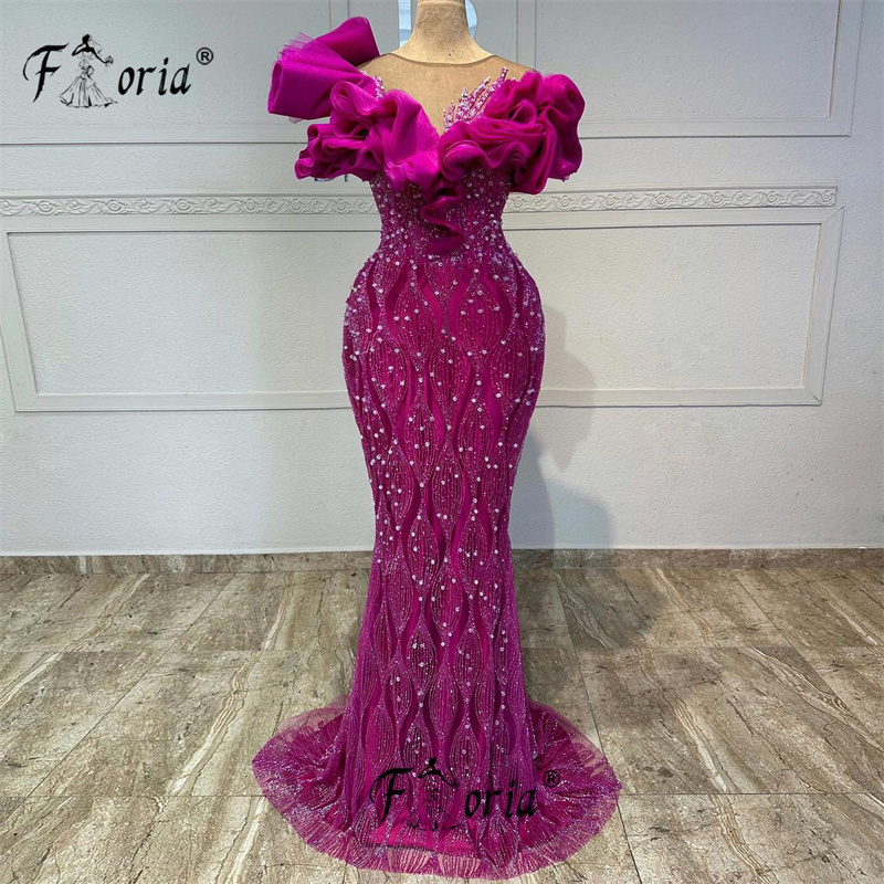 Anmutige Rüschen Ausschnitt Kristalle formelle Gelegenheit Kleid pinkfarbene Perlen Meerjungfrau Abend Abschluss ball Verlobung feier Kleider lange Kleider