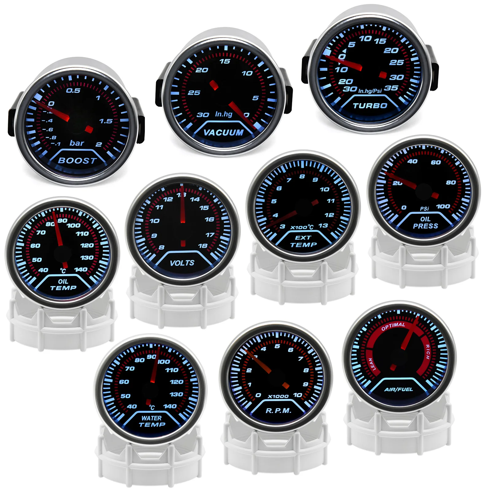 2 "52mm Universal 12V LED lente de humo -1 ~ 0 ~ 2 BAR Turbo Boost medidor/Metro Turbo Boost con retroiluminación LED blanca para coche de 12V