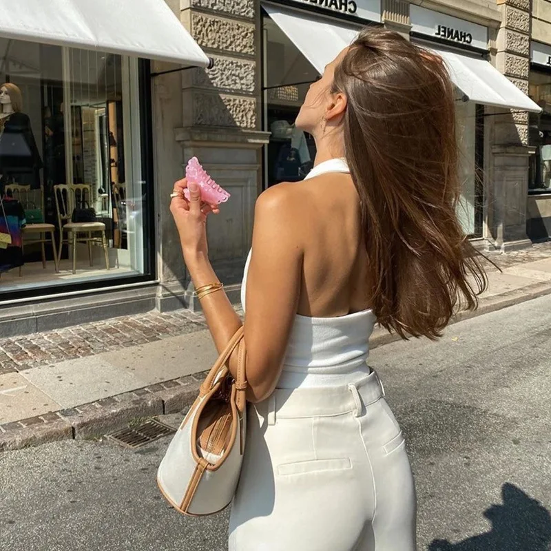 Tops cortos de peplum roscados de Color sólido con tirantes pequeños sin espalda y cuello colgante de especias sexys para mujer