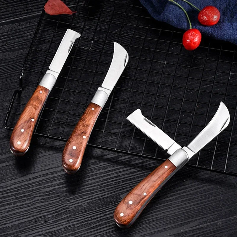 Cuchillo de injerto de jardín de 10cm, cuchillo de bolsillo plegable para electricista de setas de acero inoxidable, herramienta manual EDC, utensilios para acampar con mango de madera