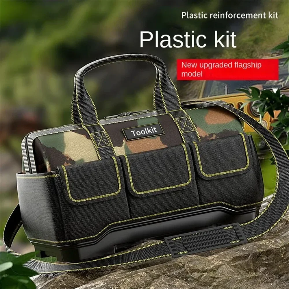 Camouflage Tool Bag with Plastic Bottom Shoulder Strap Multiple Pockets Tool Pounch Tool Storage Organizer for Electrician Tool