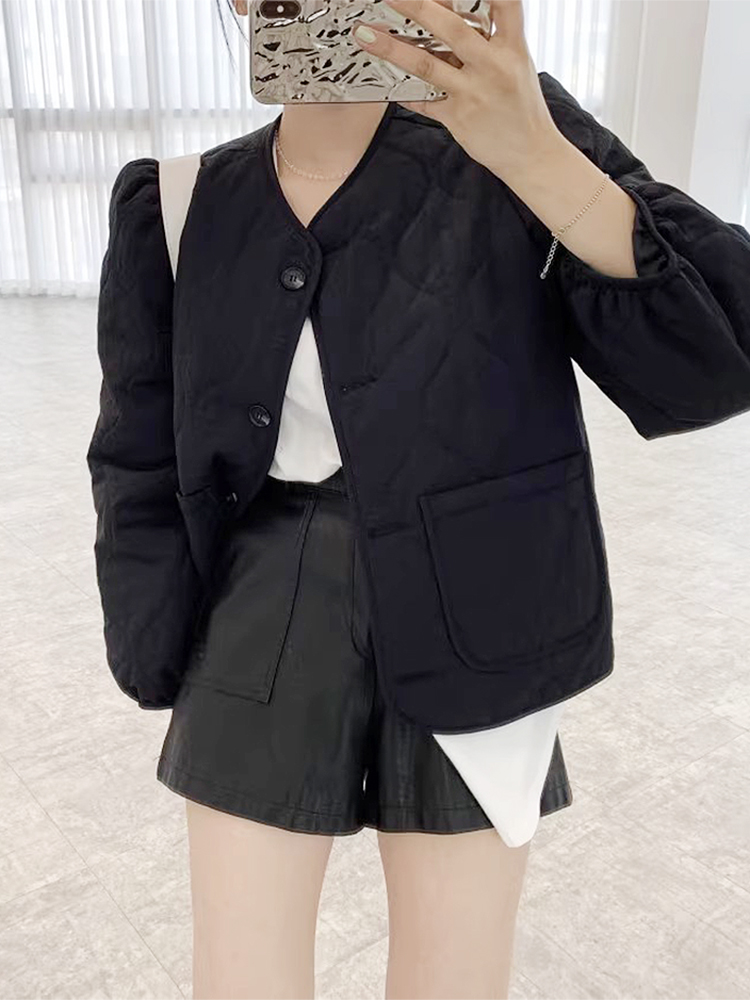 Chic Autumn Winter Thickened Casual Long Sleeve round Neck Women's Cotton Jacket Outerwear Single Button Versatile Loose Fit