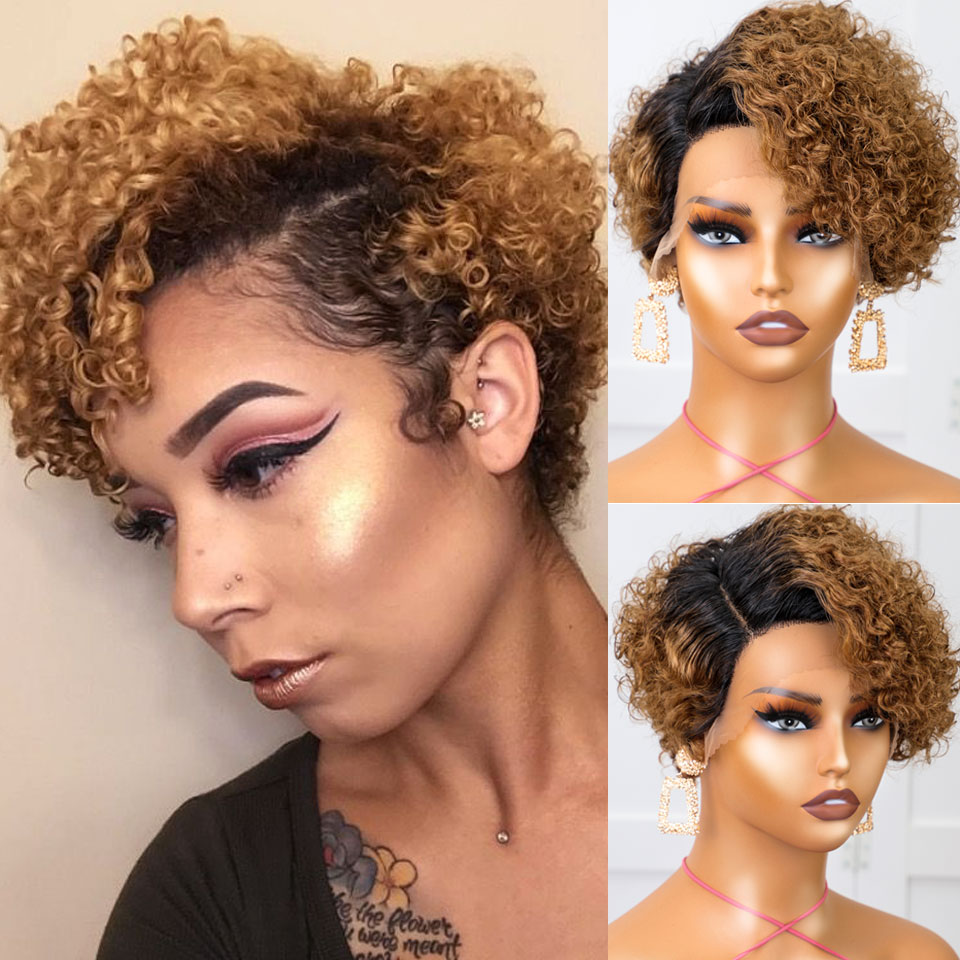 Kurze Bob-Perücke, Pixie-Schnitt-Perücke, lockige Echthaar-Perücken für Frauen, 13 x 1 Spitze vorne, transparent, tiefe Welle, Spitzenperücke, vorgezupfter Haaransatz