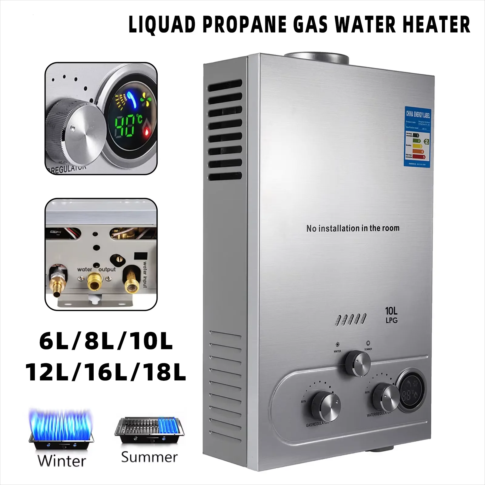 Chauffe-eau sans réservoir en acier inoxydable, gaz GLP, propano, corps com kit de douche, appareil de camping domestique, 6L